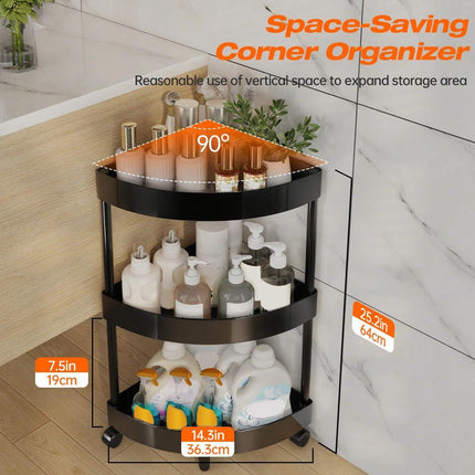 Black Corner Storage Shelf – 3-Tier Rolling Organizer for Bathroom, Kitchen & Bedroom | Space-Saving Aluminum Rack with Wheels | White Available In-Store.