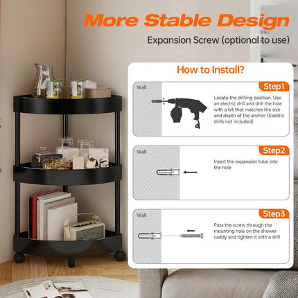 Black Corner Storage Shelf – 3-Tier Rolling Organizer for Bathroom, Kitchen & Bedroom | Space-Saving Aluminum Rack with Wheels | White Available In-Store.