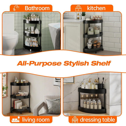Black Corner Storage Shelf – 3-Tier Rolling Organizer for Bathroom, Kitchen & Bedroom | Space-Saving Aluminum Rack with Wheels | White Available In-Store.