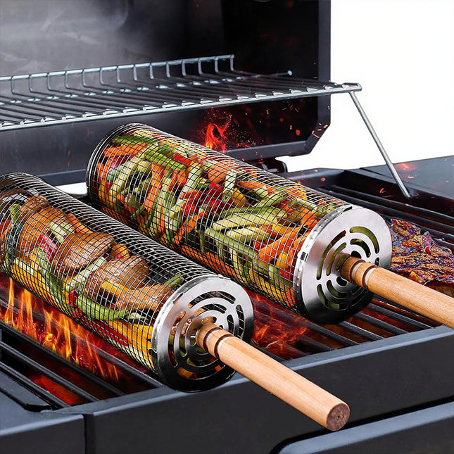 Rolling Grill Basket Set with Removable Wooden Handle – 304 Stainless Steel BBQ Rotating Cage for Meat, Vegetables & Seafood (Grey).