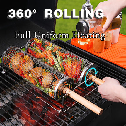 Rolling Grill Basket Set with Removable Wooden Handle – 304 Stainless Steel BBQ Rotating Cage for Meat, Vegetables & Seafood (Grey).