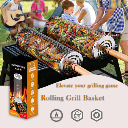 Rolling Grill Basket Set with Removable Wooden Handle – 304 Stainless Steel BBQ Rotating Cage for Meat, Vegetables & Seafood (Grey).