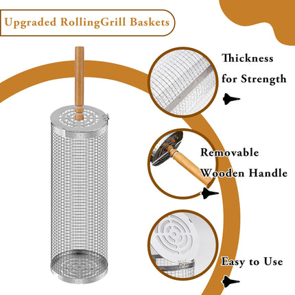 Rolling Grill Basket Set with Removable Wooden Handle – 304 Stainless Steel BBQ Rotating Cage for Meat, Vegetables & Seafood (Grey).