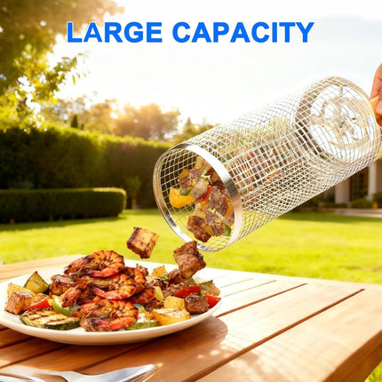 Rolling Grill Basket Set with Removable Wooden Handle – 304 Stainless Steel BBQ Rotating Cage for Meat, Vegetables & Seafood (Grey).