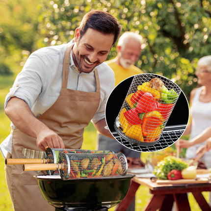 Rolling Grill Basket Set with Removable Wooden Handle – 304 Stainless Steel BBQ Rotating Cage for Meat, Vegetables & Seafood (Grey).