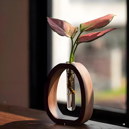 Wooden Glass Hydroponic Vase – Minimalist Desktop Flower Vase for Water Plants & Blooms (15cm) | Other Sizes Available in Store.