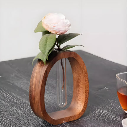 Wooden Glass Hydroponic Vase – Minimalist Desktop Flower Vase for Water Plants & Blooms (15cm) | Other Sizes Available in Store.