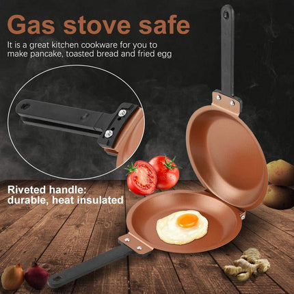 Double-Sided Flip Frying Pan – Non-Stick Cooking Pan for Eggs, Pancakes, Toasted Bread – Durable Iron Material with Heat-Resistant Handle, Compact Design for Home Kitchen Use – Ideal for Gas Stoves (Golden).