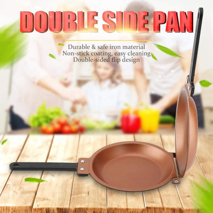 Double-Sided Flip Frying Pan – Non-Stick Cooking Pan for Eggs, Pancakes, Toasted Bread – Durable Iron Material with Heat-Resistant Handle, Compact Design for Home Kitchen Use – Ideal for Gas Stoves (Golden).