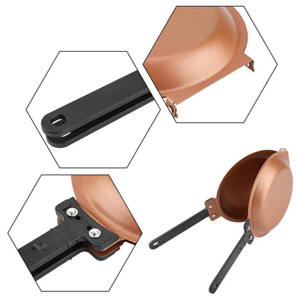 Double-Sided Flip Frying Pan – Non-Stick Cooking Pan for Eggs, Pancakes, Toasted Bread – Durable Iron Material with Heat-Resistant Handle, Compact Design for Home Kitchen Use – Ideal for Gas Stoves (Golden).