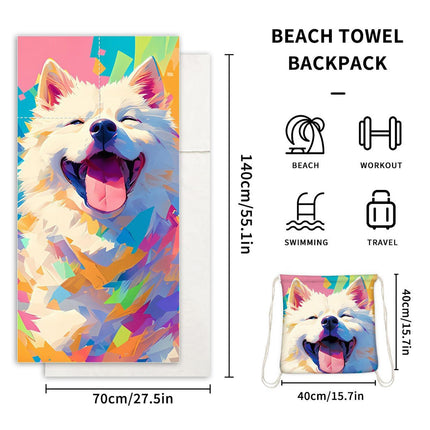 Dual-Function Foldable Beach Towel with Built-in Backpack – Soft Microfiber Towel & Compact Carry Bag in One, 55-Inch Large Size for Swimming, Travel, Picnic (Dog,Colorful).