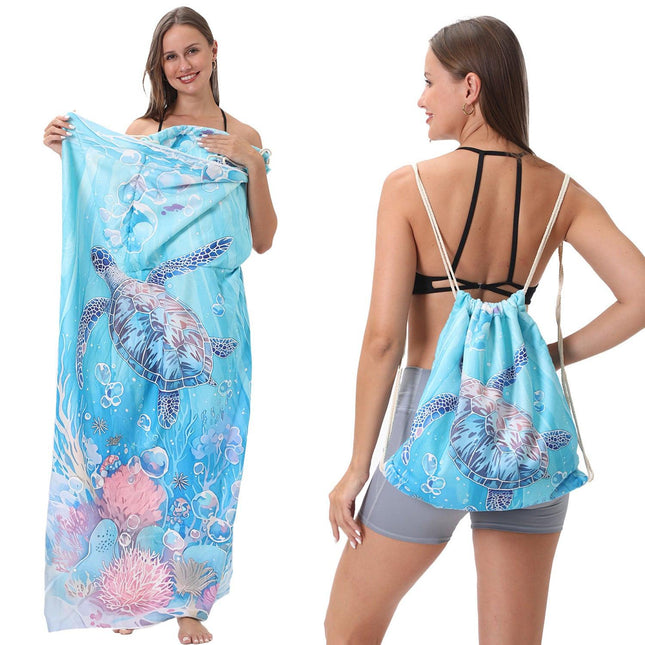 Dual-Function Foldable Beach Towel with Built-in Backpack – Soft Microfiber Towel & Compact Carry Bag in One, 55-Inch Large Size for Swimming, Travel, Picnic (Tortoise,Colorful).