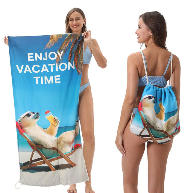 Dual-Function Foldable Beach Towel with Built-in Backpack – Soft Microfiber Towel & Compact Carry Bag in One, 55-Inch Large Size for Swimming, Travel, Picnic (Polar bear,Colorful).