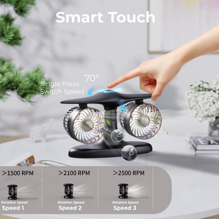 Dual Turbine Desk Fan with Aircraft Design – Wireless, Quiet, 3-Speed Touch Control for Home, Office, Bedroom, Portable Cooling (Black).
