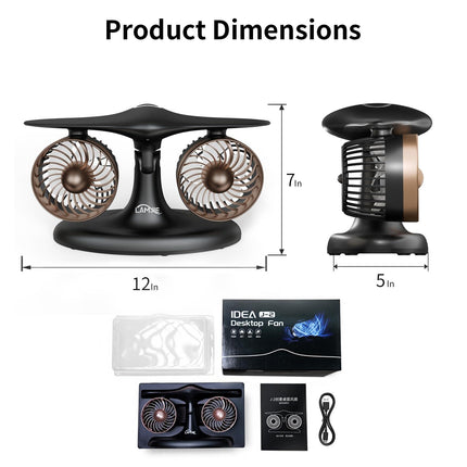 Dual Turbine Desk Fan with Aircraft Design – Wireless, Quiet, 3-Speed Touch Control for Home, Office, Bedroom, Portable Cooling (Black).