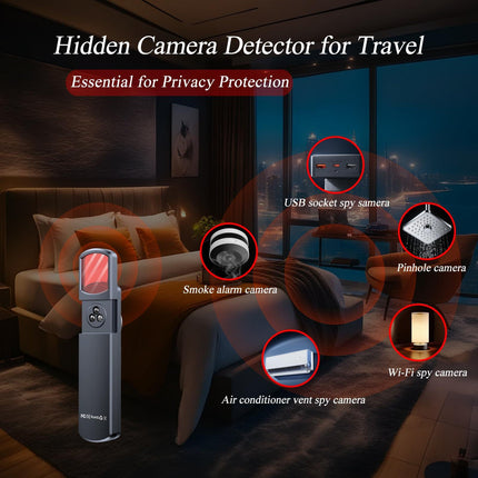 Multi-Function Hidden Camera Detector with GPS Tracker Finder – Portable Anti-Spy Device for Hotel, Car, Travel Privacy Protection, LED Scanner & Vibration Alarm (Black).