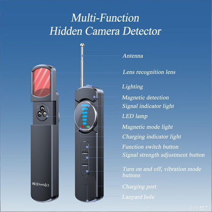 Multi-Function Hidden Camera Detector with GPS Tracker Finder – Portable Anti-Spy Device for Hotel, Car, Travel Privacy Protection, LED Scanner & Vibration Alarm (Black).