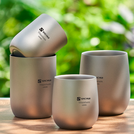 4-Piece Pure Titanium Cup Set – Double-Walled, Lightweight, Stackable Outdoor Drinking Cups for Camping, Hiking, Travel and Office Use (Gray).