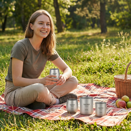 4-Piece Pure Titanium Cup Set – Double-Walled, Lightweight, Stackable Outdoor Drinking Cups for Camping, Hiking, Travel and Office Use (Gray).