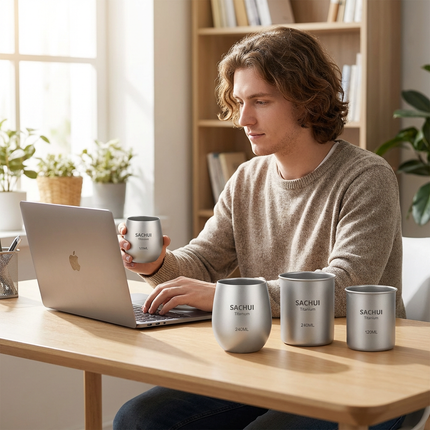 4-Piece Pure Titanium Cup Set – Double-Walled, Lightweight, Stackable Outdoor Drinking Cups for Camping, Hiking, Travel and Office Use (Gray).
