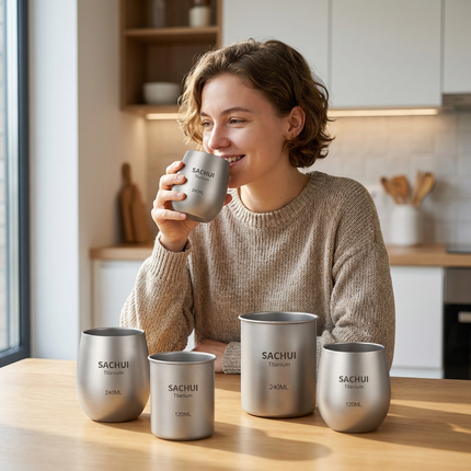 4-Piece Pure Titanium Cup Set – Double-Walled, Lightweight, Stackable Outdoor Drinking Cups for Camping, Hiking, Travel and Office Use (Gray).