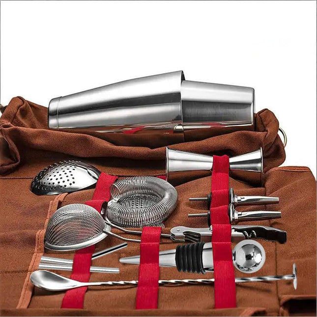 Professional 17-Piece Stainless Steel Cocktail Shaker Set with Canvas Carry Case – Complete Bar Tools Kit for Home, Travel, Parties – Includes Jigger, Strainer, Muddler, Spoon, Bottle Stopper (Brown).