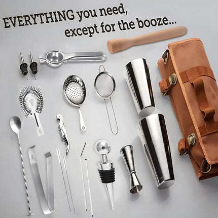 Professional 17-Piece Stainless Steel Cocktail Shaker Set with Canvas Carry Case – Complete Bar Tools Kit for Home, Travel, Parties – Includes Jigger, Strainer, Muddler, Spoon, Bottle Stopper (Brown).