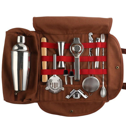 Professional 17-Piece Stainless Steel Cocktail Shaker Set with Canvas Carry Case – Complete Bar Tools Kit for Home, Travel, Parties – Includes Jigger, Strainer, Muddler, Spoon, Bottle Stopper (Brown).