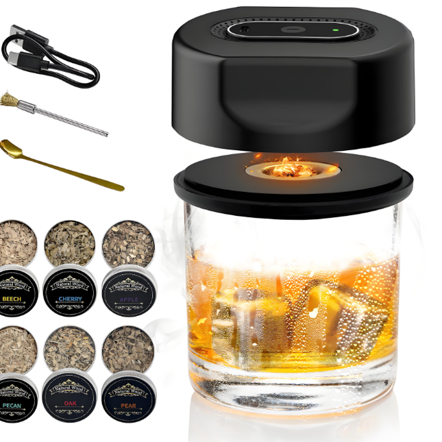Black Smart Cocktail Smoker Kit – Electric Whiskey Smoke Generator with 6 Wood Chips, USB Rechargeable, One-Click Ignition | Perfect Gift for Men & Bar Enthusiasts.