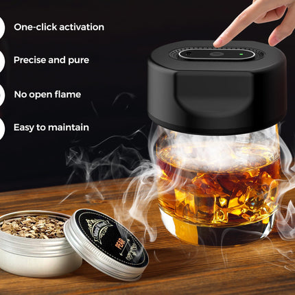 Black Smart Cocktail Smoker Kit – Electric Whiskey Smoke Generator with 6 Wood Chips, USB Rechargeable, One-Click Ignition | Perfect Gift for Men & Bar Enthusiasts.
