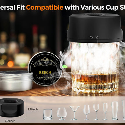 Black Smart Cocktail Smoker Kit – Electric Whiskey Smoke Generator with 6 Wood Chips, USB Rechargeable, One-Click Ignition | Perfect Gift for Men & Bar Enthusiasts.