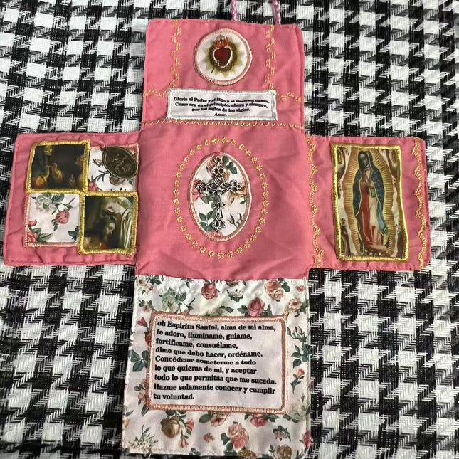 Mini Handcrafted Catholic Pocket Shrine – Foldable Prayer Altar with Silver Cross, Religious Art & Embroidered Prayers, Portable Faith Companion, 6.5 x 5.5 Inches (Pink).