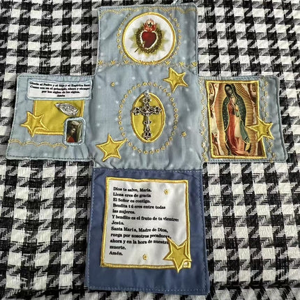 Mini Handcrafted Catholic Pocket Shrine – Foldable Prayer Altar with Silver Cross, Religious Art & Embroidered Prayers, Portable Faith Companion, 6.5 x 5.5 Inches (Pink).