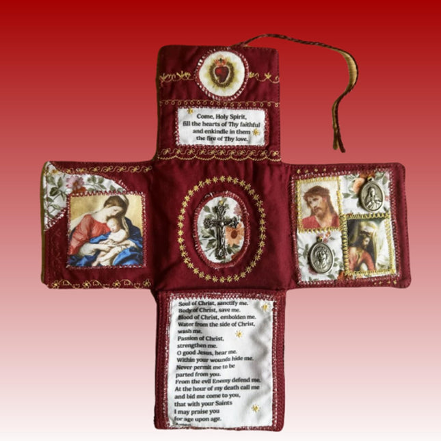 Mini Handcrafted Catholic Pocket Shrine – Foldable Prayer Altar with Silver Cross, Religious Art & Embroidered Prayers, Portable Faith Companion, 6.5 x 5.5 Inches (Red).