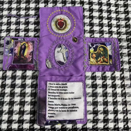 Mini Handcrafted Catholic Pocket Shrine – Foldable Prayer Altar with Silver Cross, Religious Art & Embroidered Prayers, Portable Faith Companion, 6.5 x 5.5 Inches (Red).