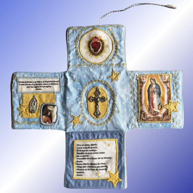 Mini Handcrafted Catholic Pocket Shrine – Foldable Prayer Altar with Silver Cross, Religious Art & Embroidered Prayers, Portable Faith Companion, 6.5 x 5.5 Inches (Blue).