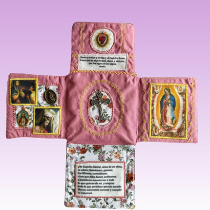 Mini Handcrafted Catholic Pocket Shrine – Foldable Prayer Altar with Silver Cross, Religious Art & Embroidered Prayers, Portable Faith Companion, 6.5 x 5.5 Inches (Blue).
