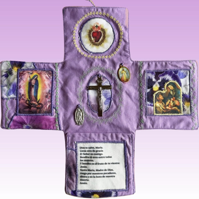 Mini Handcrafted Catholic Pocket Shrine – Foldable Prayer Altar with Silver Cross, Religious Art & Embroidered Prayers, Portable Faith Companion, 6.5 x 5.5 Inches (Purple).