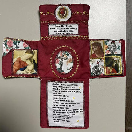 Mini Handcrafted Catholic Pocket Shrine – Foldable Prayer Altar with Silver Cross, Religious Art & Embroidered Prayers, Portable Faith Companion, 6.5 x 5.5 Inches (Purple).