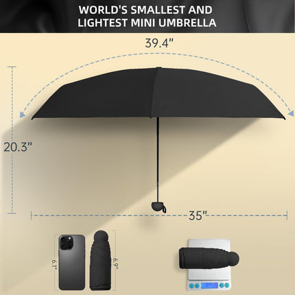 Mini Travel Umbrella – Compact Sun & Rain Protection for Women, Kids | UV-Blocking Pocket Umbrella with Case | Lightweight Foldable Umbrella（black）.
