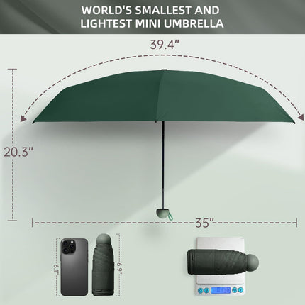 Mini Travel Umbrella – Compact Sun & Rain Protection for Women, Kids | UV-Blocking Pocket Umbrella with Case | Lightweight Foldable Umbrella（dark green）.