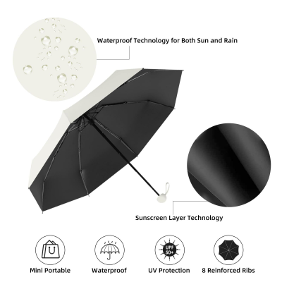 Mini Travel Umbrella – Compact Sun & Rain Protection for Women, Kids | UV-Blocking Pocket Umbrella with Case | Lightweight Foldable Umbrella（grey）.