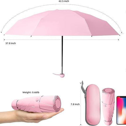 Mini Travel Umbrella – Compact Sun & Rain Protection for Women, Kids | UV-Blocking Pocket Umbrella with Case | Lightweight Foldable Umbrella（pink）.