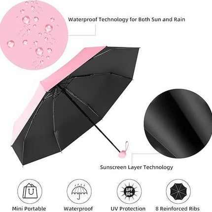 Mini Travel Umbrella – Compact Sun & Rain Protection for Women, Kids | UV-Blocking Pocket Umbrella with Case | Lightweight Foldable Umbrella（pink）.
