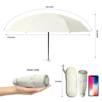 Mini Travel Umbrella – Compact Sun & Rain Protection for Women, Kids | UV-Blocking Pocket Umbrella with Case | Lightweight Foldable Umbrella（white）.