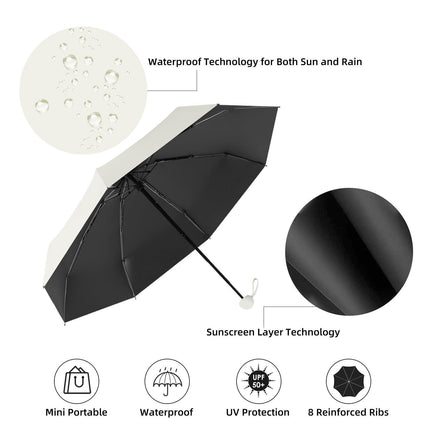 Mini Travel Umbrella – Compact Sun & Rain Protection for Women, Kids | UV-Blocking Pocket Umbrella with Case | Lightweight Foldable Umbrella（white）.