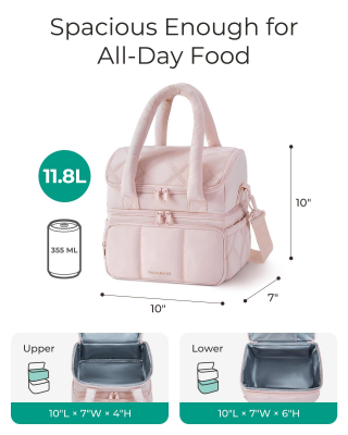 Double-Layer Insulated Lunch Bag with Quilted Design – 11.8L Cooler Tote for Work, Picnics & Travel (Pink) | Other Colors Available In-Store.