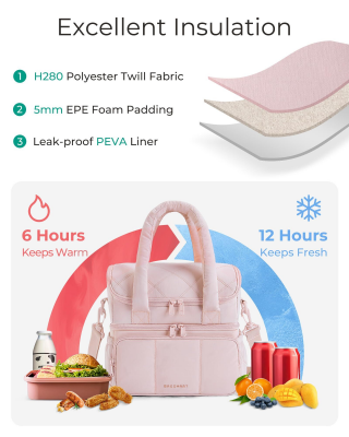 Double-Layer Insulated Lunch Bag with Quilted Design – 11.8L Cooler Tote for Work, Picnics & Travel (Black) | Other Colors Available In-Store.