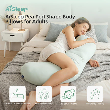Pea Pod Shape Body Pillow for Adults – Full-Body Support Side Sleeper Pillow, Pregnancy & Back Pain Relief, Soft Hug Pillow with Memory Fiber Filling (Light Blue).