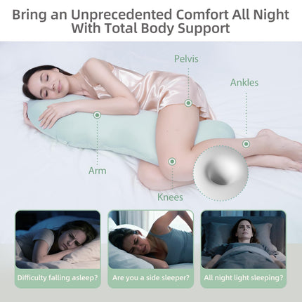 Pea Pod Shape Body Pillow for Adults – Full-Body Support Side Sleeper Pillow, Pregnancy & Back Pain Relief, Soft Hug Pillow with Memory Fiber Filling (Light Blue).